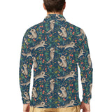 Raccoon tropical leaves pattern Men's Long Sleeve Polo Shirt