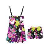 heart dot wave star creative design pattern Chest Sexy Pleated Two Piece Swim Dress