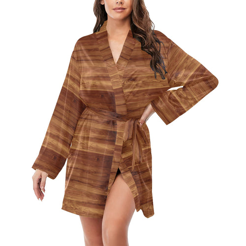 Wood Printed Pattern Print Design 04 Women's Long Sleeve Belted Night Robe