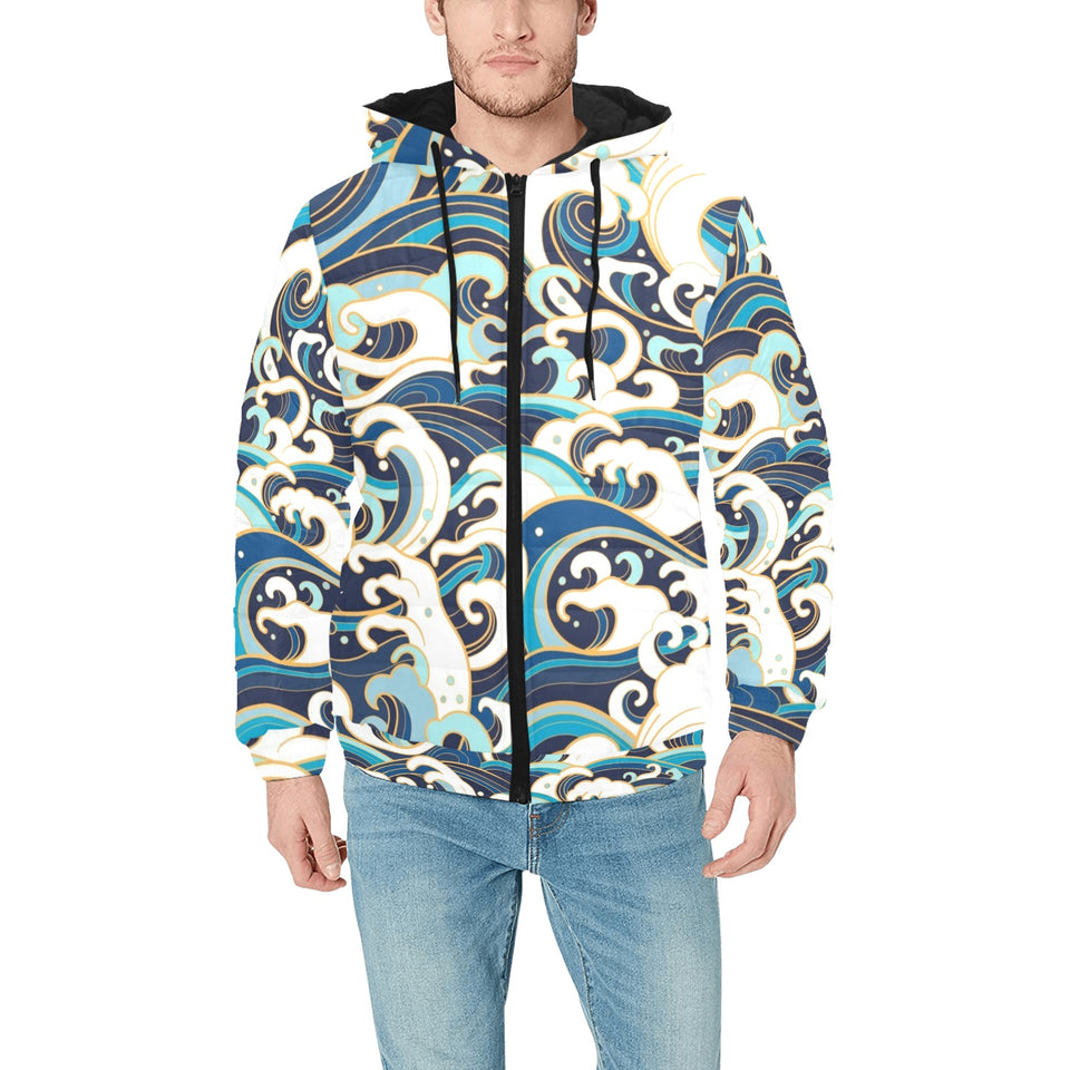 Japanese wave pattern Men's Padded Hooded Jacket
