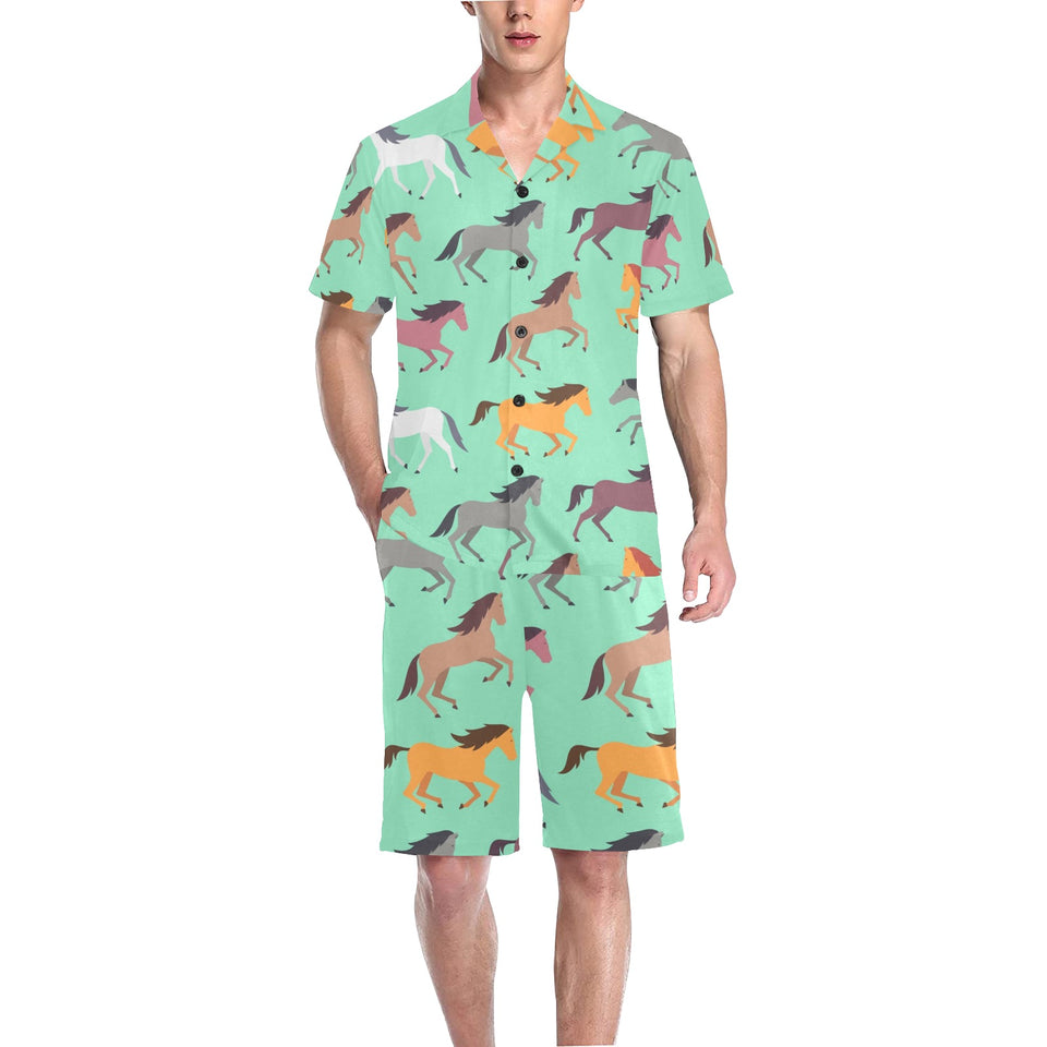 Colorful horses pattern Men's V-Neck Short Pajama Set