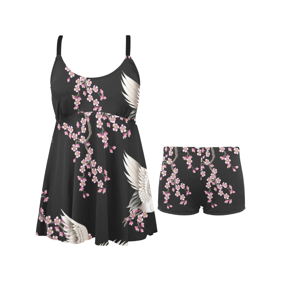 Japanese crane pink sakura pattern Chest Sexy Pleated Two Piece Swim Dress