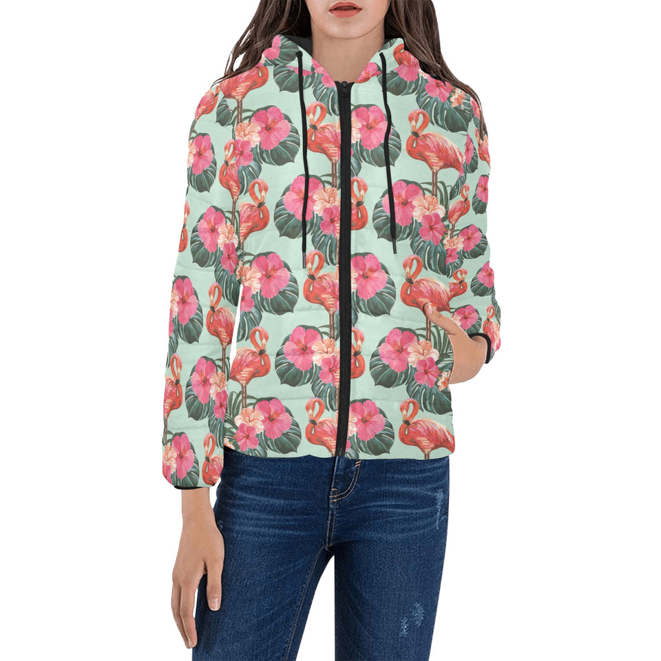 Beautiful flamingo tropical palm leaves hibiscus p Women's Padded Hooded Jacket