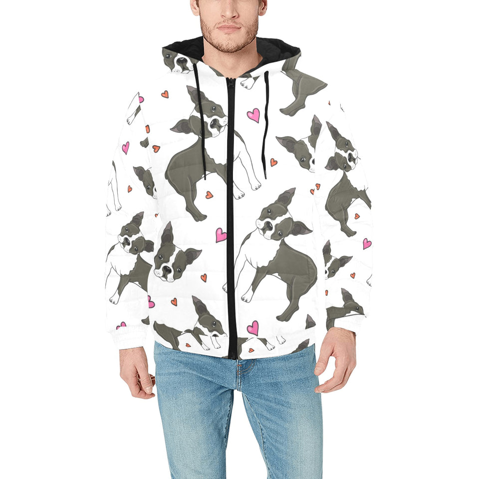 Boston terrier dog hearts vector pattern Men's Padded Hooded Jacket