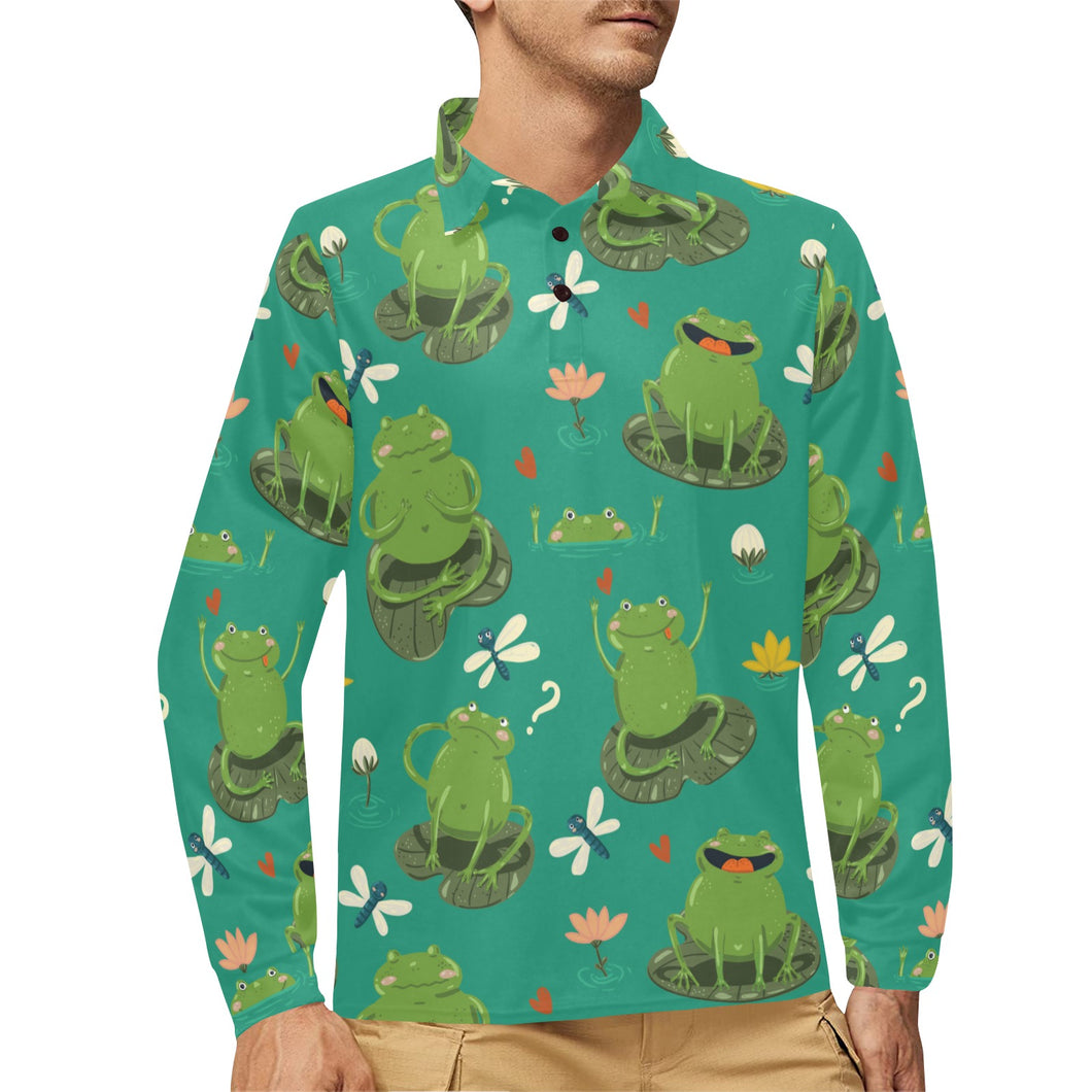 Cute frog dragonfly design pattern Men's Long Sleeve Polo Shirt