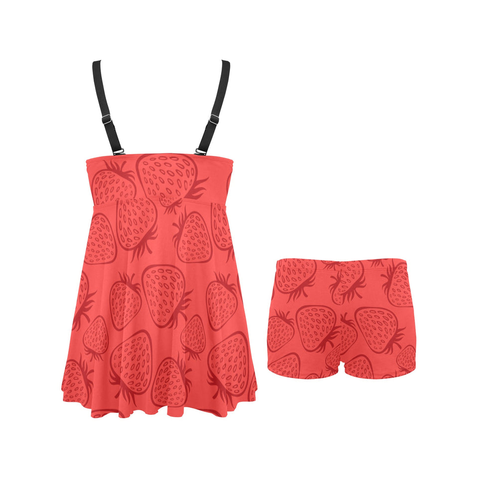 strawberry pattern red background Chest Sexy Pleated Two Piece Swim Dress