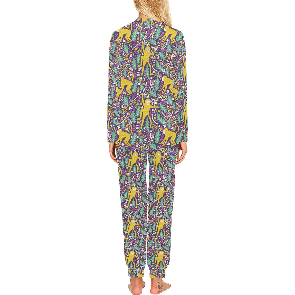 Cute yellow monkey leaves pattern Women's All Over Print Pajama Set