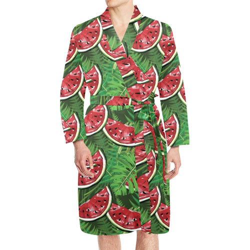 Watermelons tropical palm leaves pattern backgroun Men's Long Sleeve Belted Night Robe