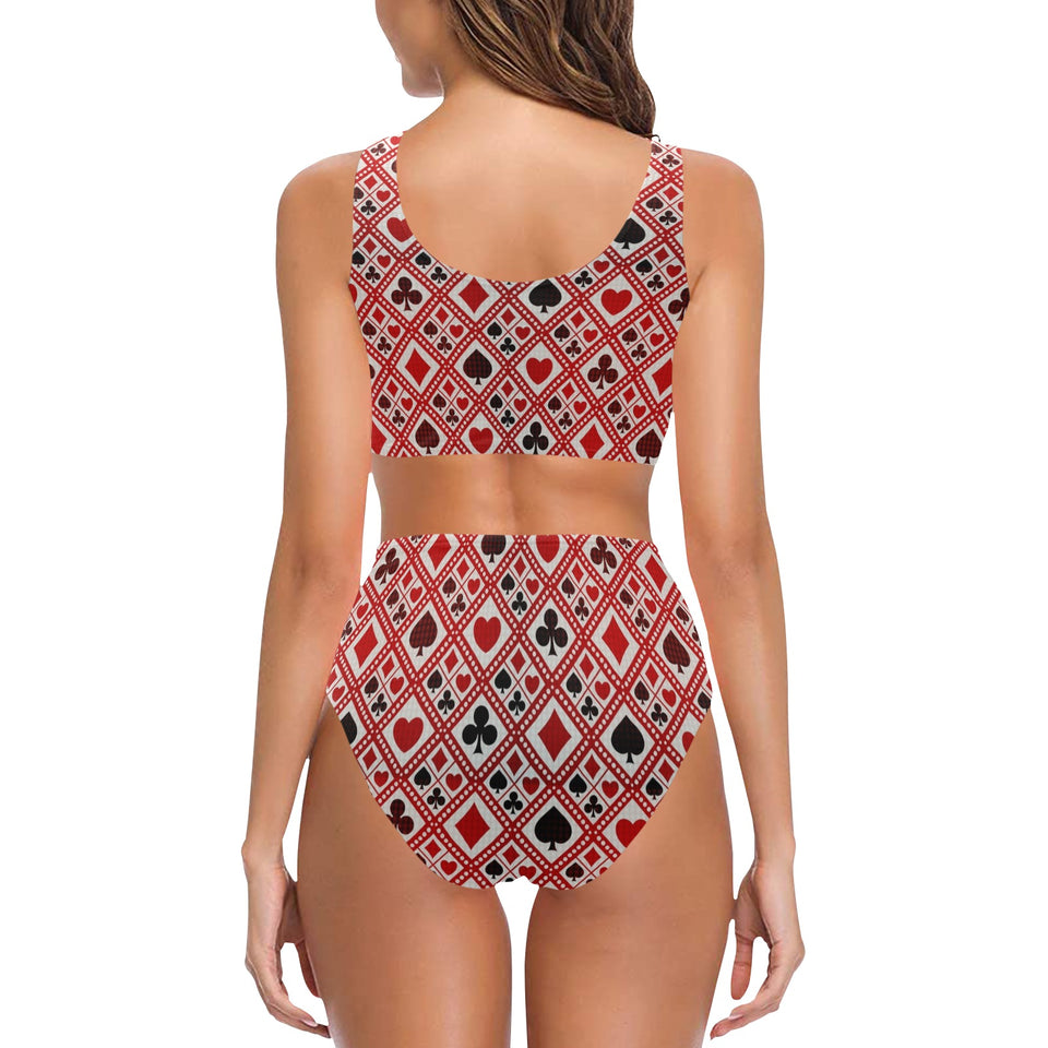 Casino Cards Suits Pattern Print Design 03 Chest Bowknot High Waisted Bikini Swimsuit