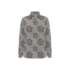 nautical wood steering wheel pattern Women's Long Sleeve Polo Shirt