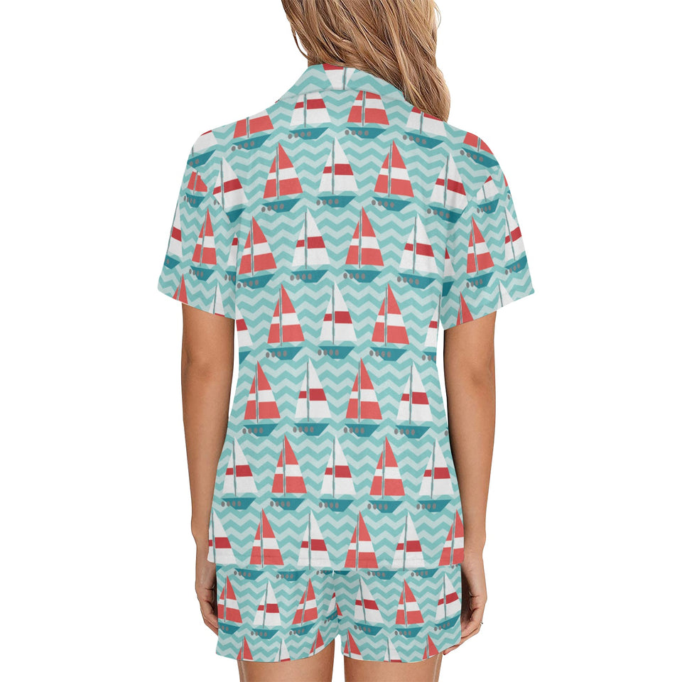 Red White sailboat wave background Women's V-Neck Short Pajama Set