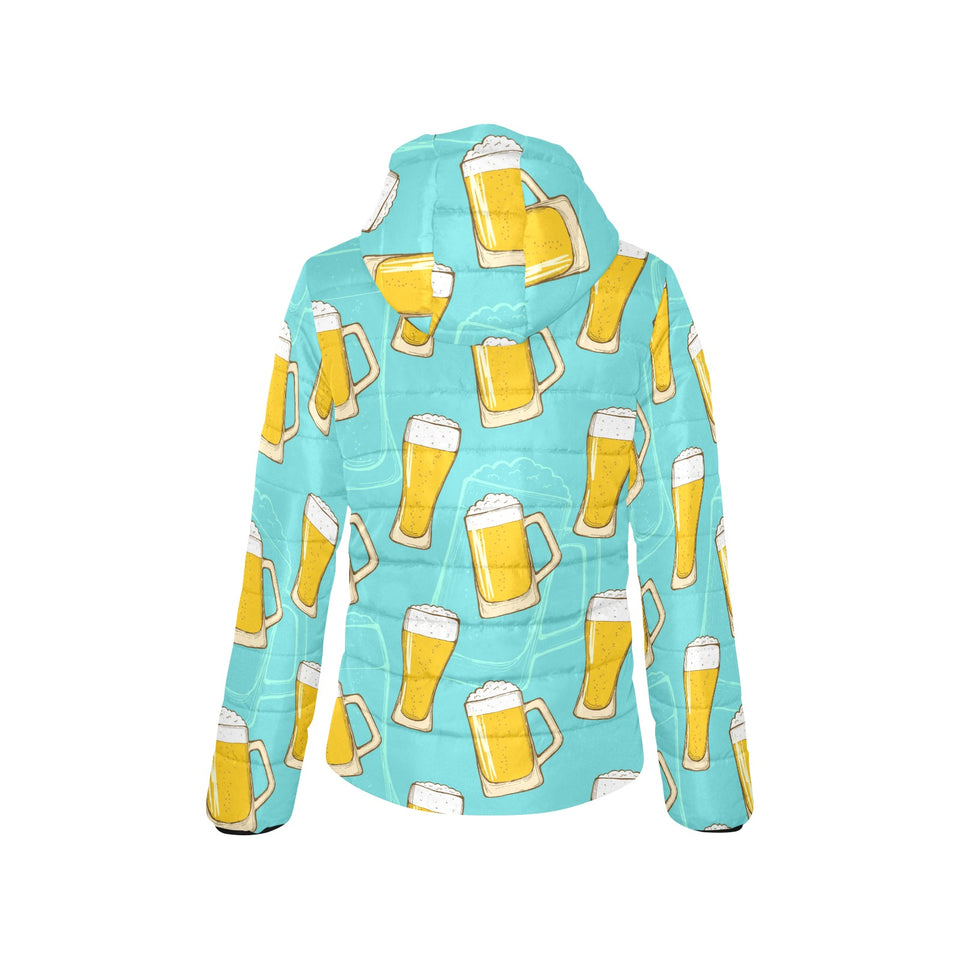 Beer pattern green background Women's Padded Hooded Jacket