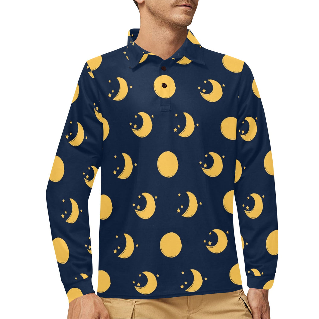Moon star pattern Men's Long Sleeve Polo Shirt