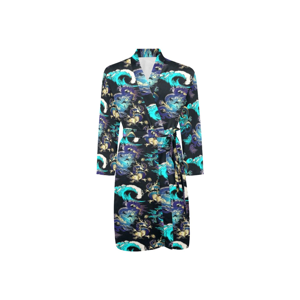 Dragon sea wave pattern Men's Long Sleeve Belted Night Robe