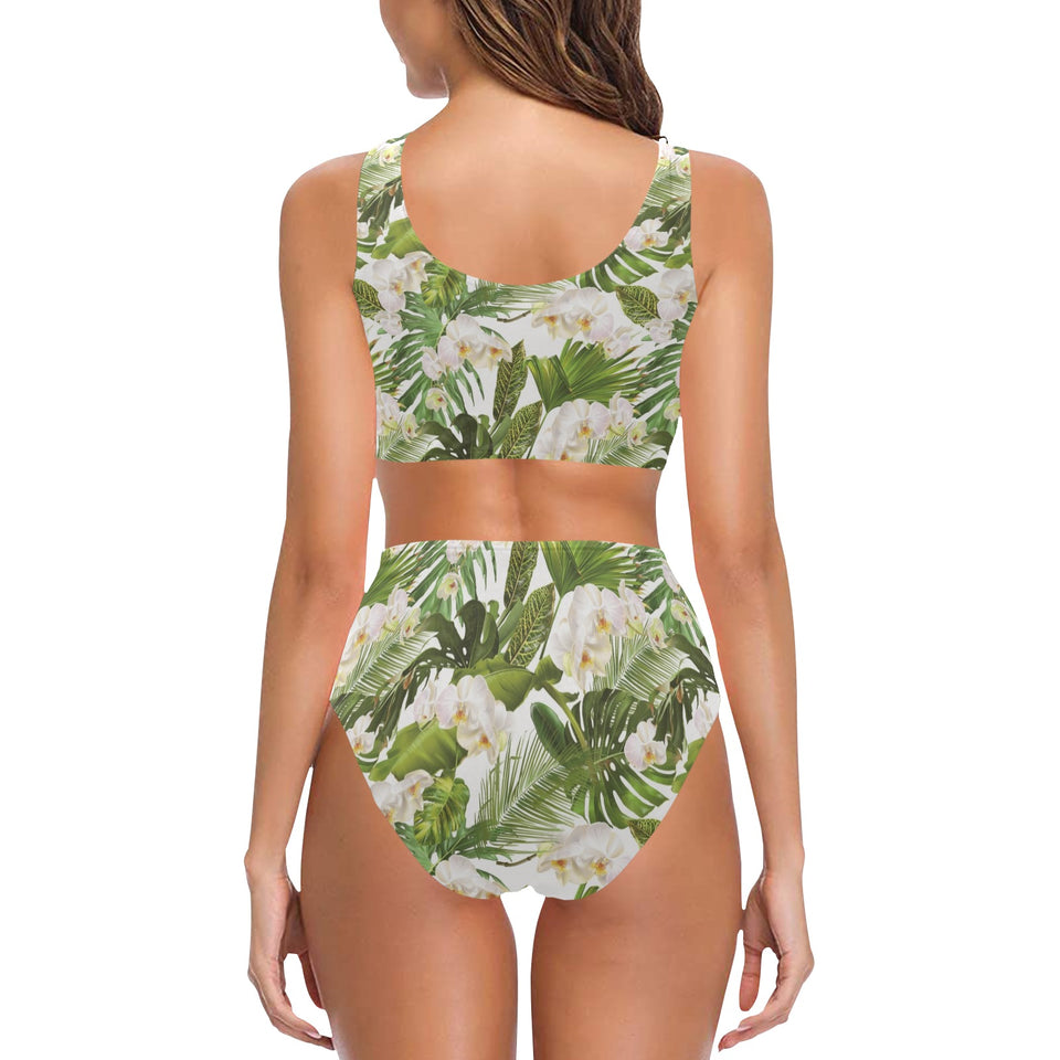 White orchid flower tropical leaves pattern Chest Bowknot High Waisted Bikini Swimsuit