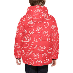 sushi pattern red background Kids' Boys' Girls' Padded Hooded Jacket