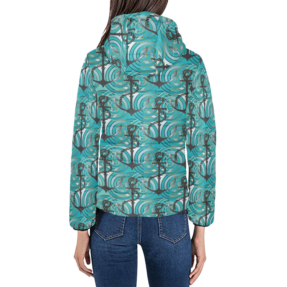 Anchor nautical green background Women's Padded Hooded Jacket