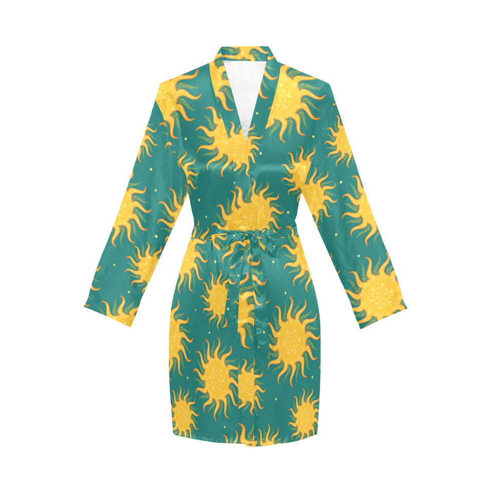 Sun green background Women's Long Sleeve Belted Night Robe