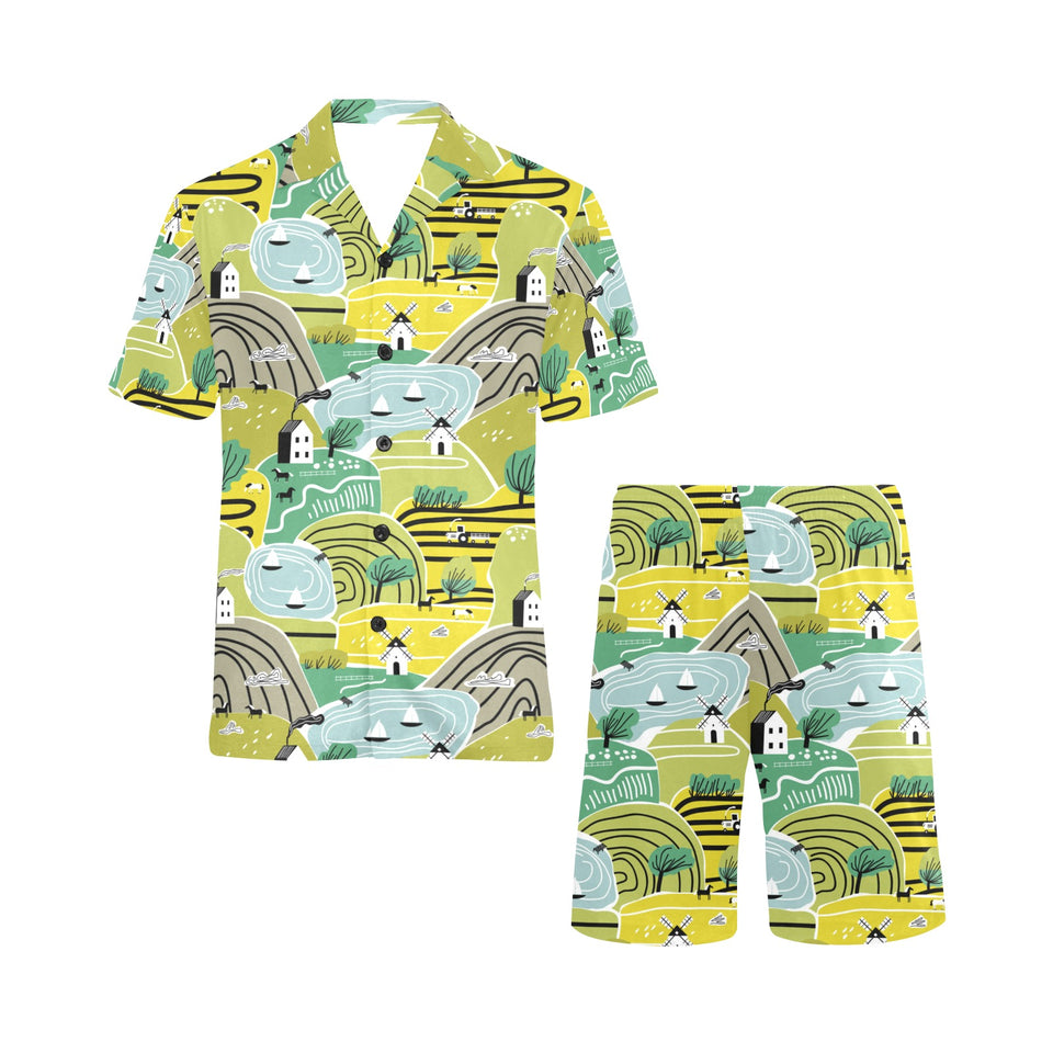 Hand drawn windmill pattern Men's V-Neck Short Pajama Set