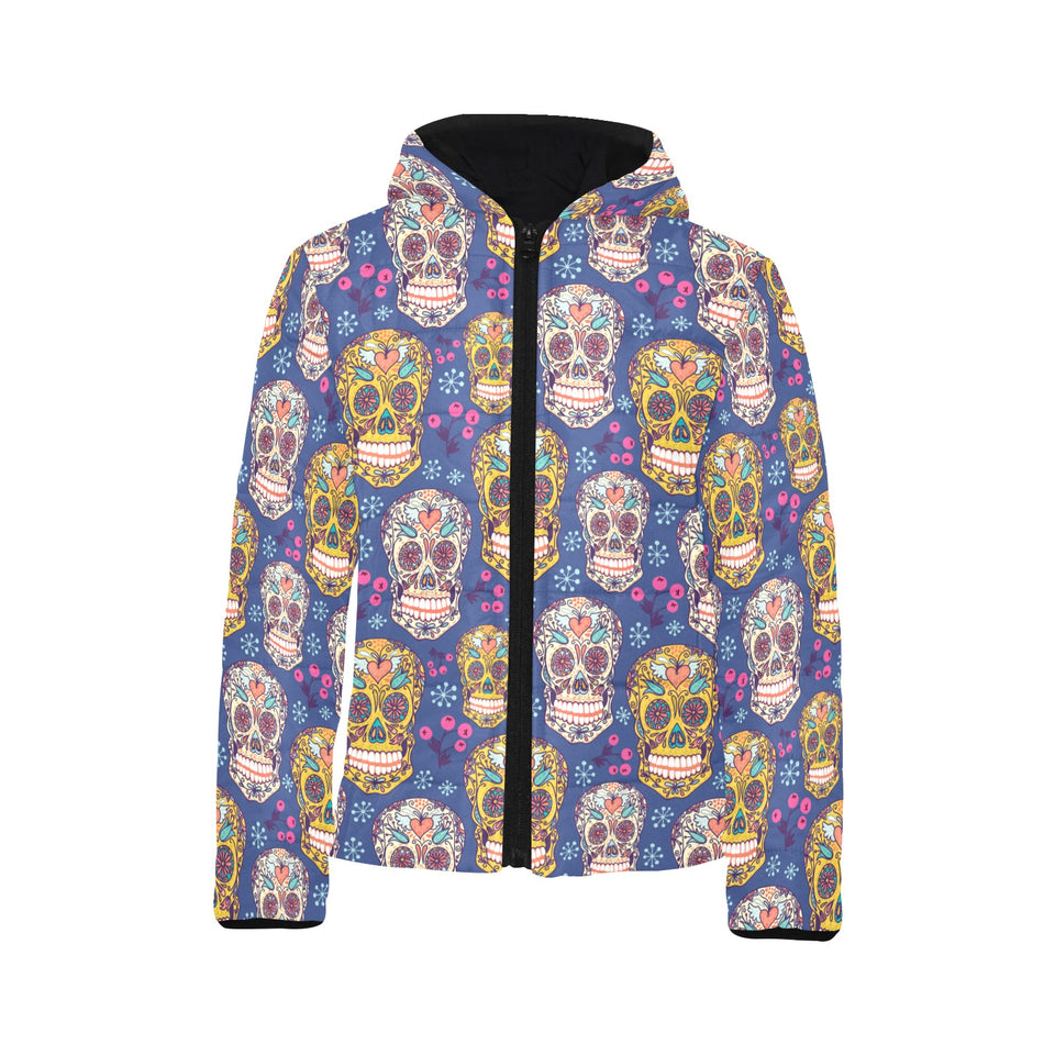 Sugar skull flower pattern Kids' Boys' Girls' Padded Hooded Jacket