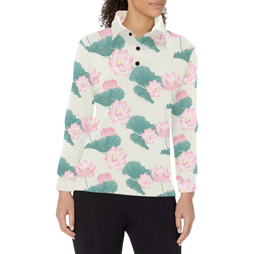Pink lotus waterlily leaves pattern Women's Long Sleeve Polo Shirt