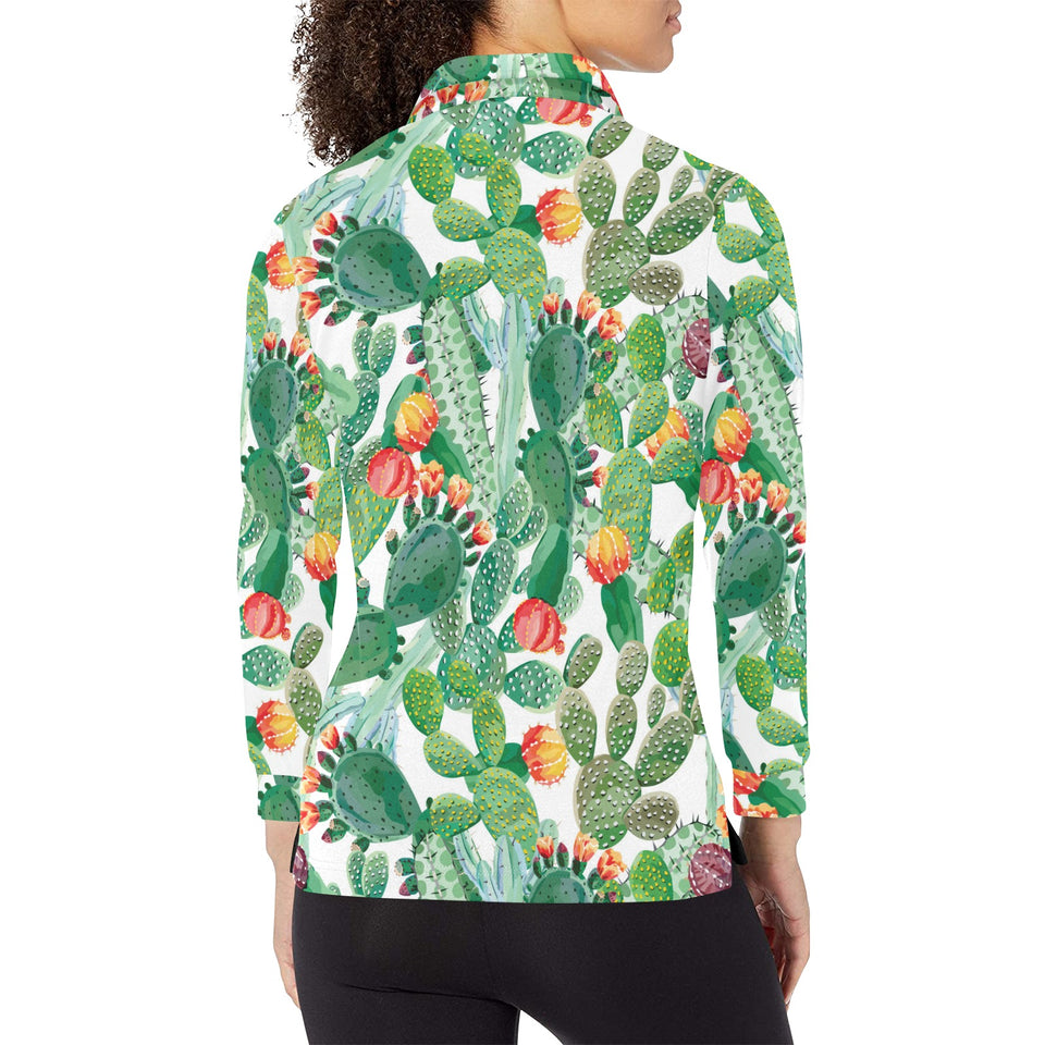 Cactus design pattern copy Women's Long Sleeve Polo Shirt