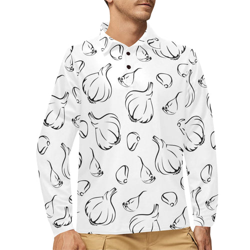 Garlic pattern black white Men's Long Sleeve Polo Shirt