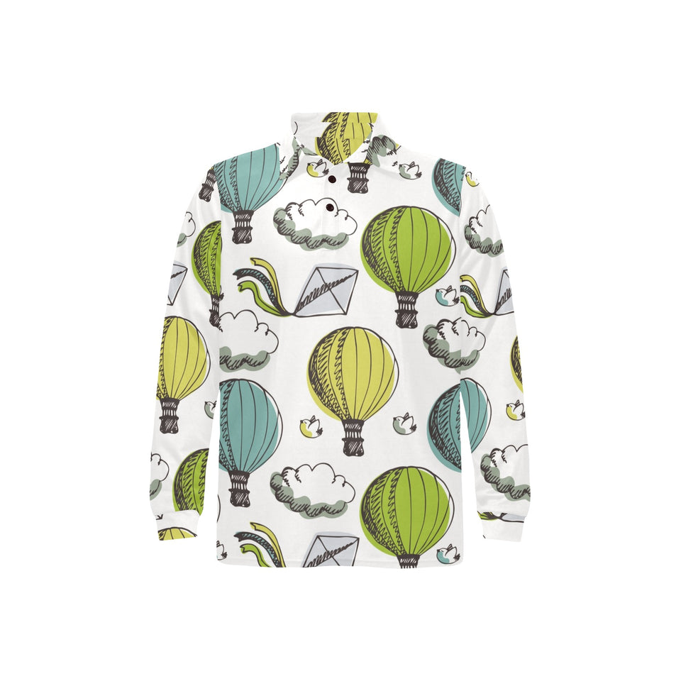 Hot Air Balloon Bird Cloud Pattern Men's Long Sleeve Polo Shirt