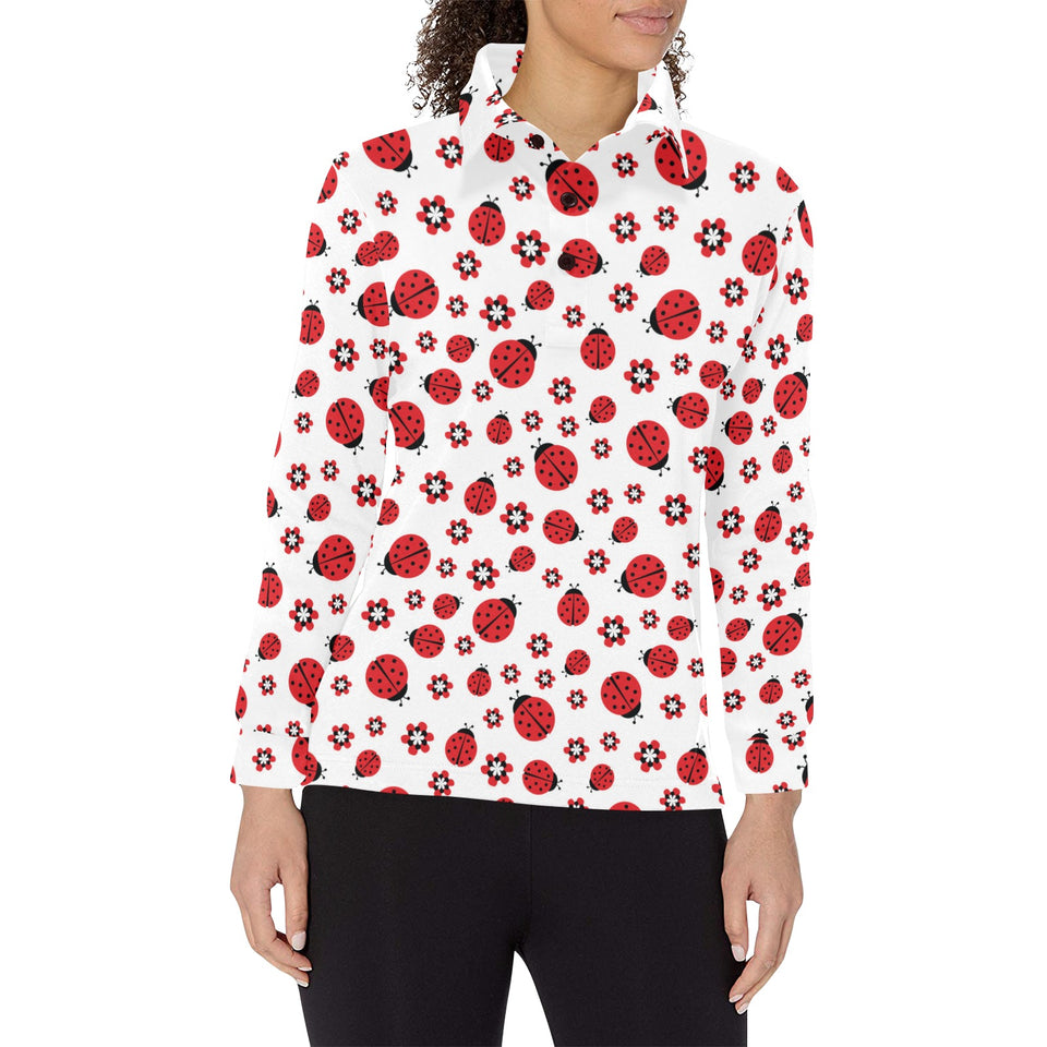 Ladybug Pattern Print Design 04 Women's Long Sleeve Polo Shirt