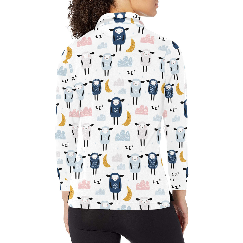 Cute sleeping sheep moon cloud pattern Women's Long Sleeve Polo Shirt