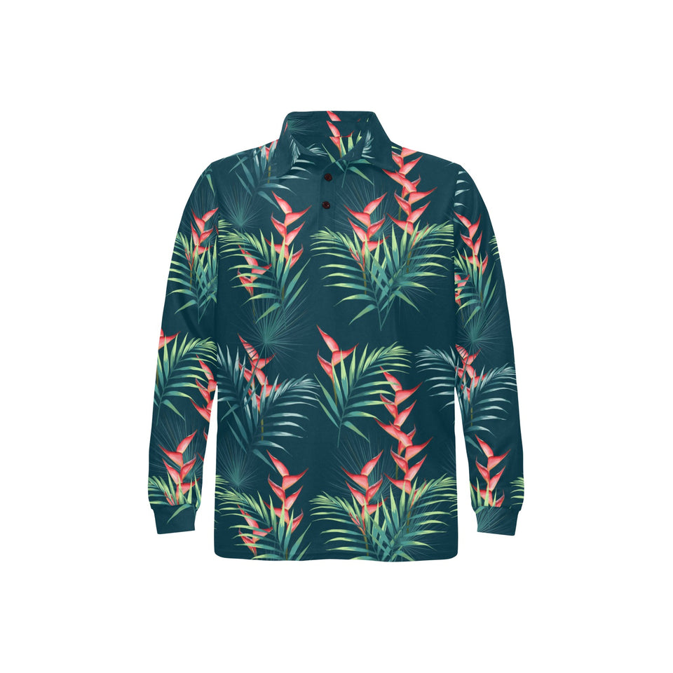 heliconia flowers, palm and monstera leaves on bla Men's Long Sleeve Polo Shirt