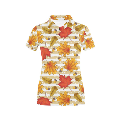 Maple leaf oak leaf acorns beige striped backgroun Women's All Over Print Polo Shirt