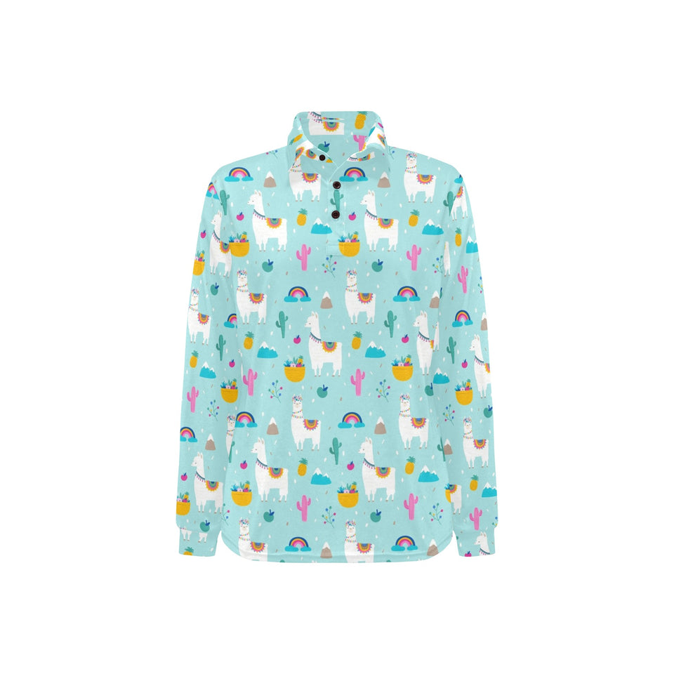 Llama alpaca cactus leaves pattern Women's Long Sleeve Polo Shirt