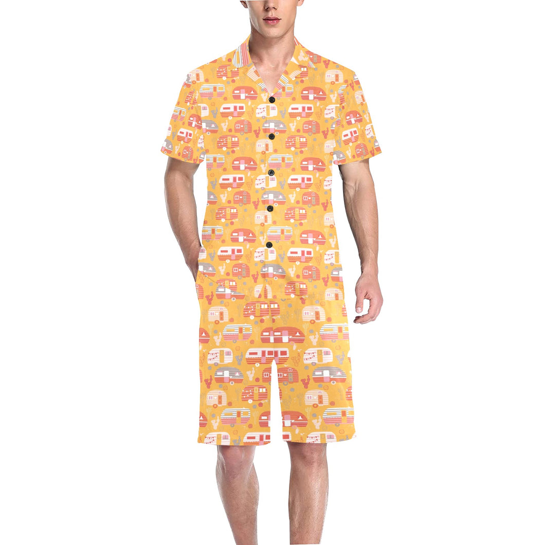 Camper Van Pattern Print Design 04 Men's V-Neck Short Pajama Set