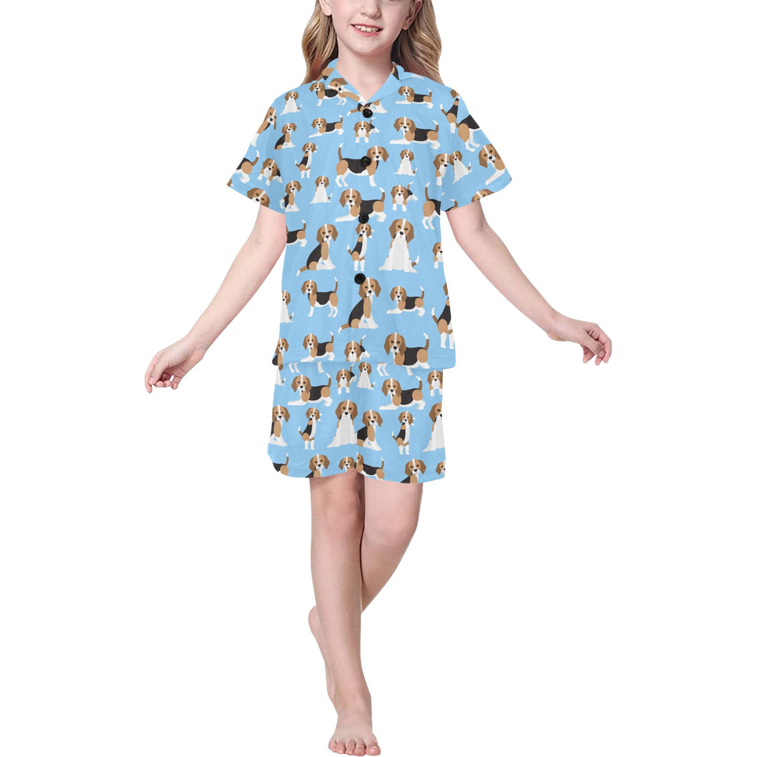 Beagle dog blue background pattern Kids' Boys' Girls' V-Neck Short Pajama Set