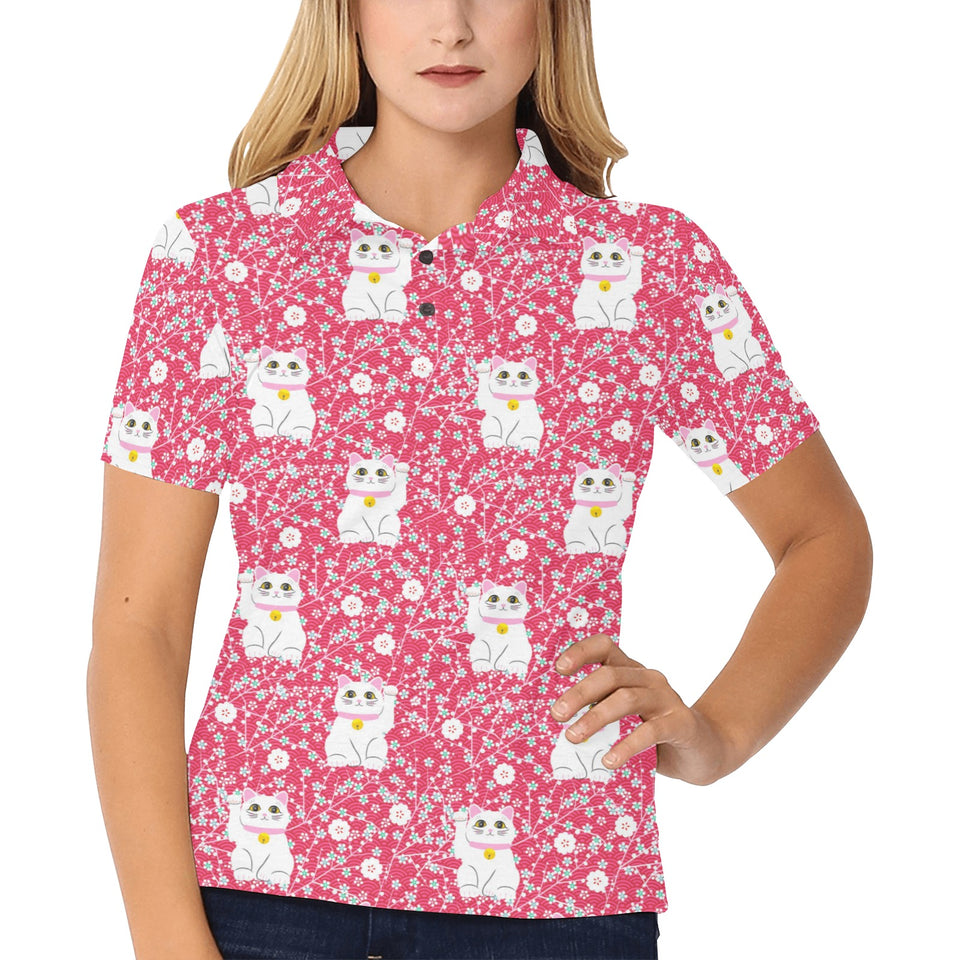 Maneki neko cat sakura pink background Women's All Over Print Polo Shirt