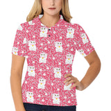 Maneki neko cat sakura pink background Women's All Over Print Polo Shirt
