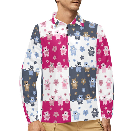 Teddy Bear Pattern Print Design 03 Men's Long Sleeve Polo Shirt