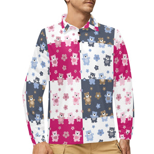 Teddy Bear Pattern Print Design 03 Men's Long Sleeve Polo Shirt
