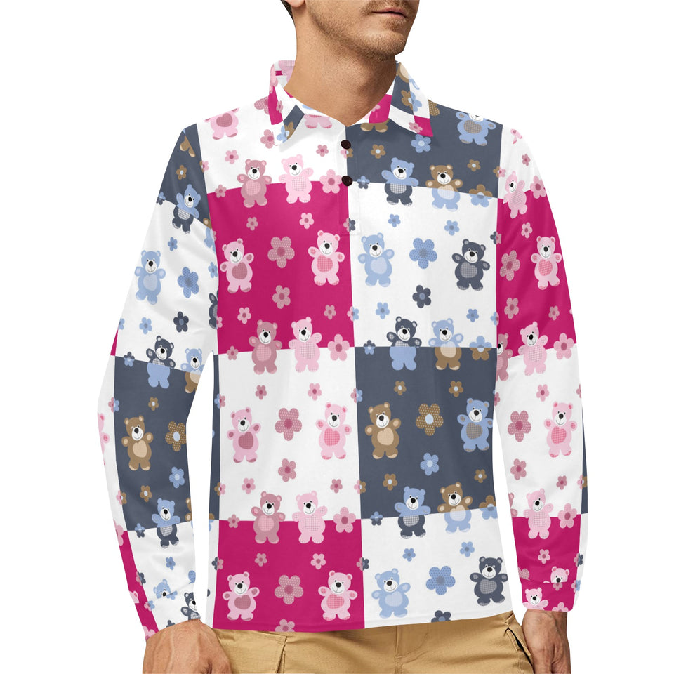 Teddy Bear Pattern Print Design 03 Men's Long Sleeve Polo Shirt