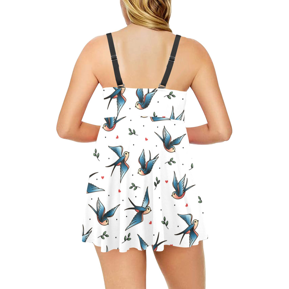 Swallow Pattern Print Design 04 Chest Sexy Pleated Two Piece Swim Dress