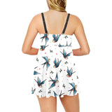 Swallow Pattern Print Design 04 Chest Sexy Pleated Two Piece Swim Dress
