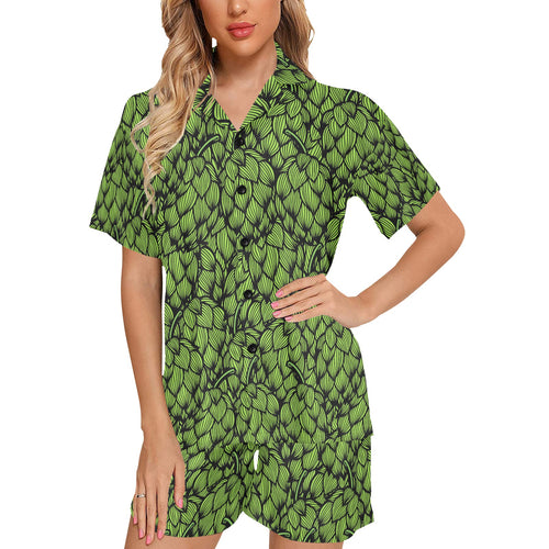 Green hop pattern Women's V-Neck Short Pajama Set