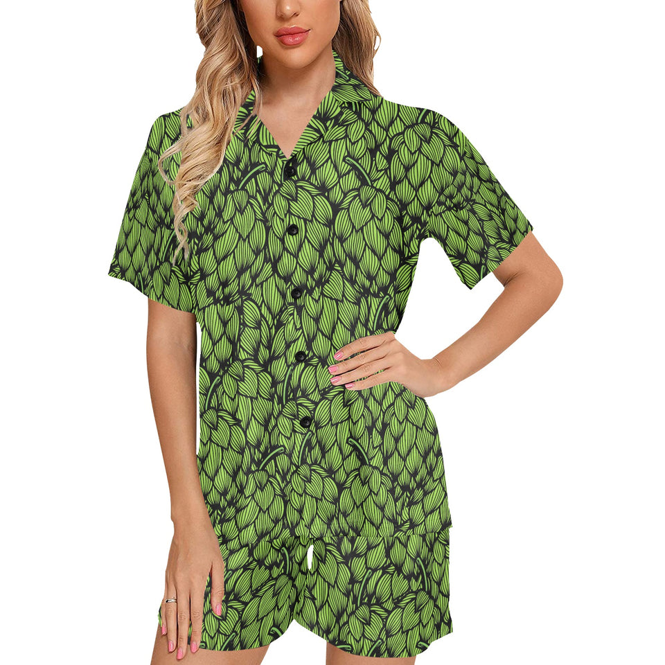 Green hop pattern Women's V-Neck Short Pajama Set