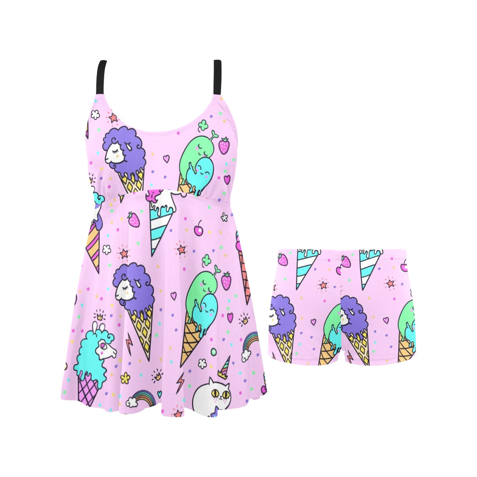 Cute ice cream cone animal pattern Chest Sexy Pleated Two Piece Swim Dress