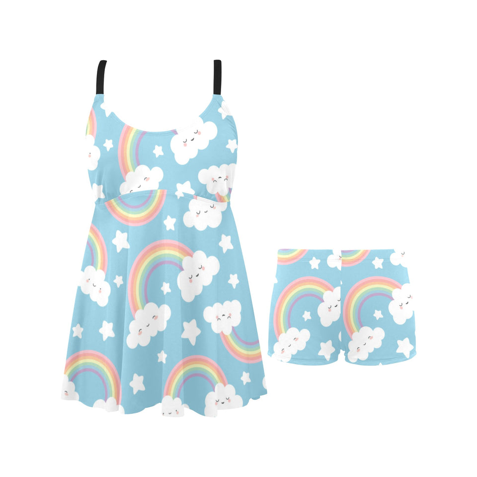 Cute rainbow clound star pattern blue background Chest Sexy Pleated Two Piece Swim Dress
