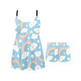 Cute rainbow clound star pattern blue background Chest Sexy Pleated Two Piece Swim Dress