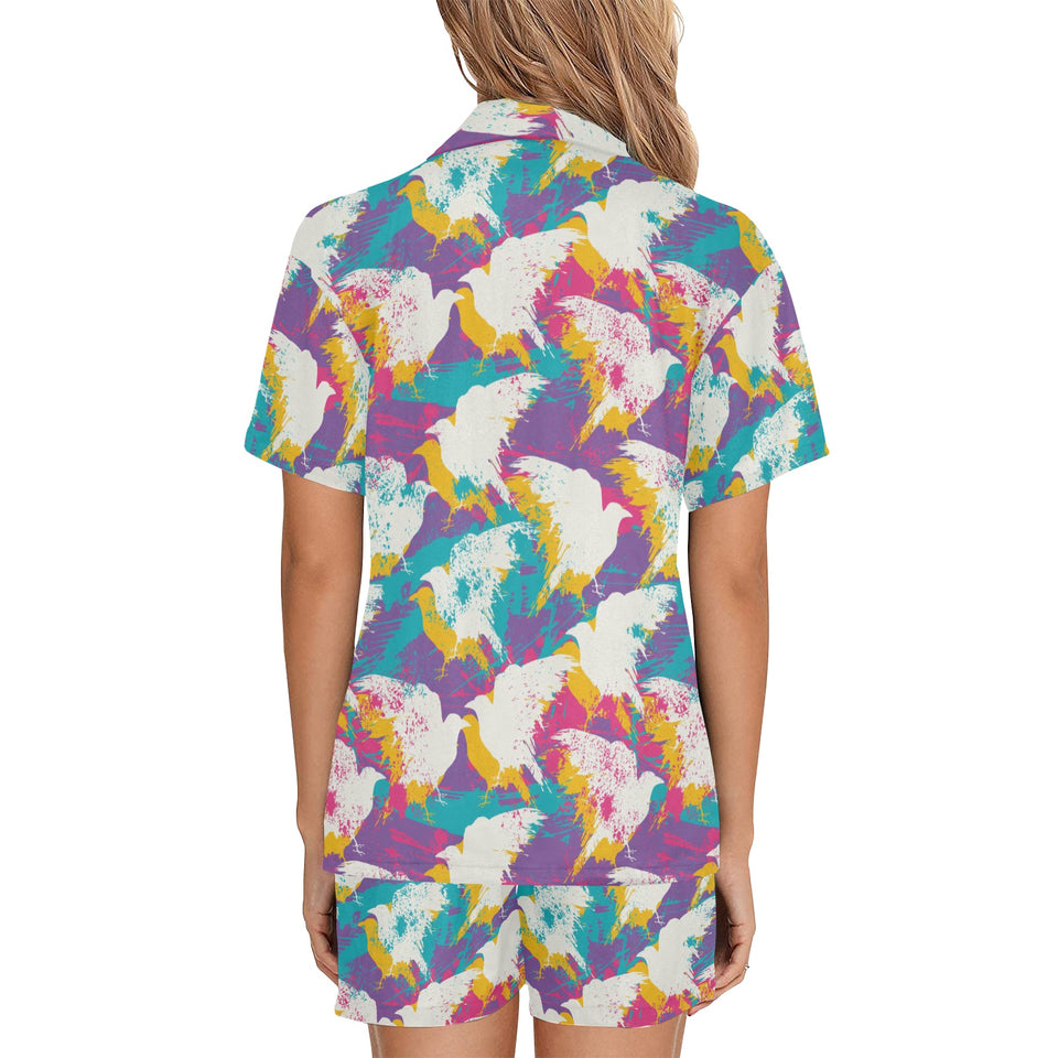 Colorful crow illustration pattern Women's V-Neck Short Pajama Set