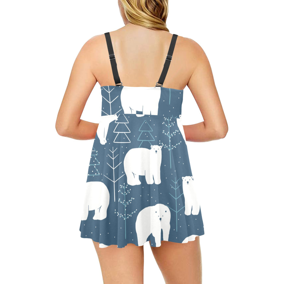 polar bear mother her child pattern Chest Sexy Pleated Two Piece Swim Dress