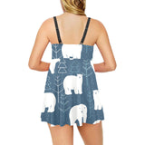 polar bear mother her child pattern Chest Sexy Pleated Two Piece Swim Dress